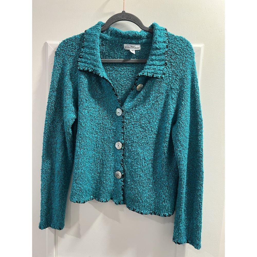 WindiRiver Women’s Teal Knit Collared Button-Up Cardigan Sweater Solid M
